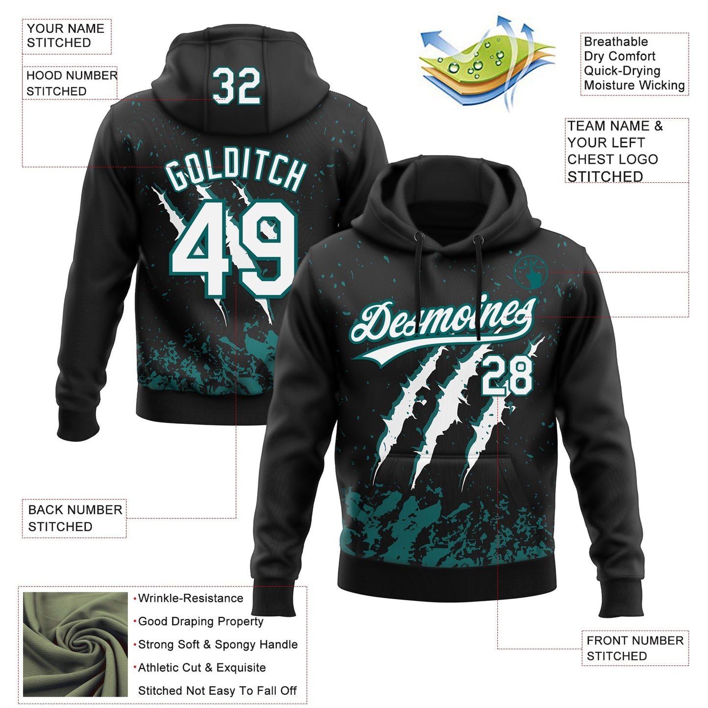 Custom Stitched Black White-Teal 3D Pattern Design Leopardo Scratch Sports Pullover Sweatshirt Hoodie view 2