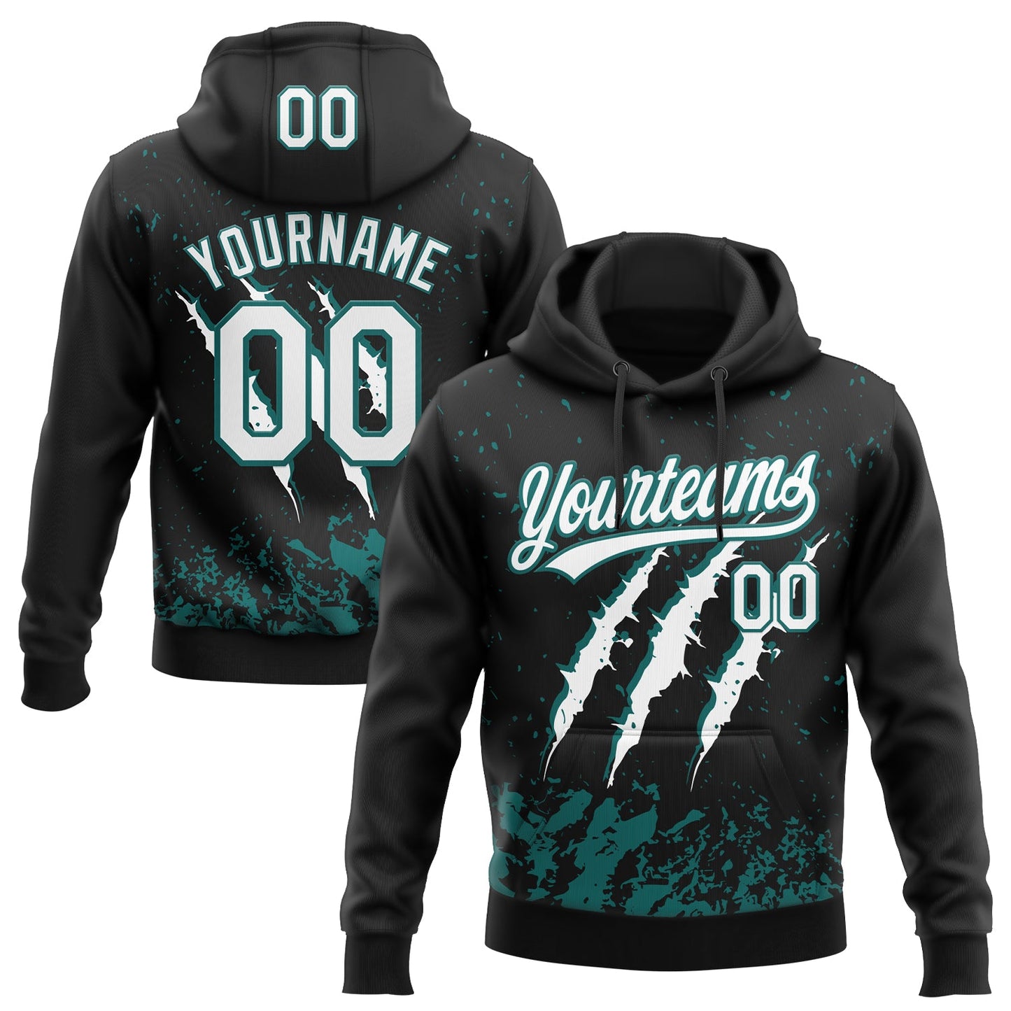 Custom Stitched Black White-Teal 3D Pattern Design Leopardo Scratch Sports Pullover Sweatshirt Hoodie - Main View