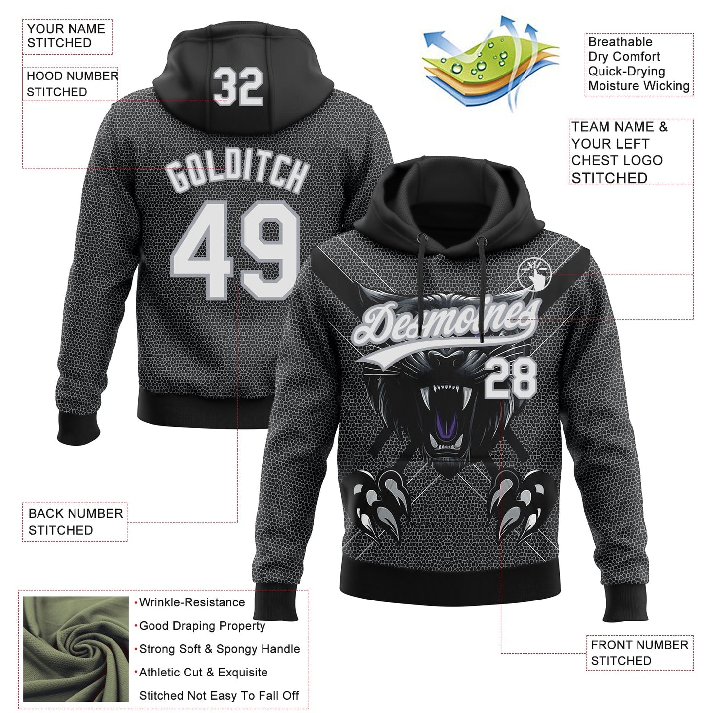 Custom Stitched Black White-Gray 3D Pattern Design Leopardo Sports Pullover Sweatshirt Hoodie view 2