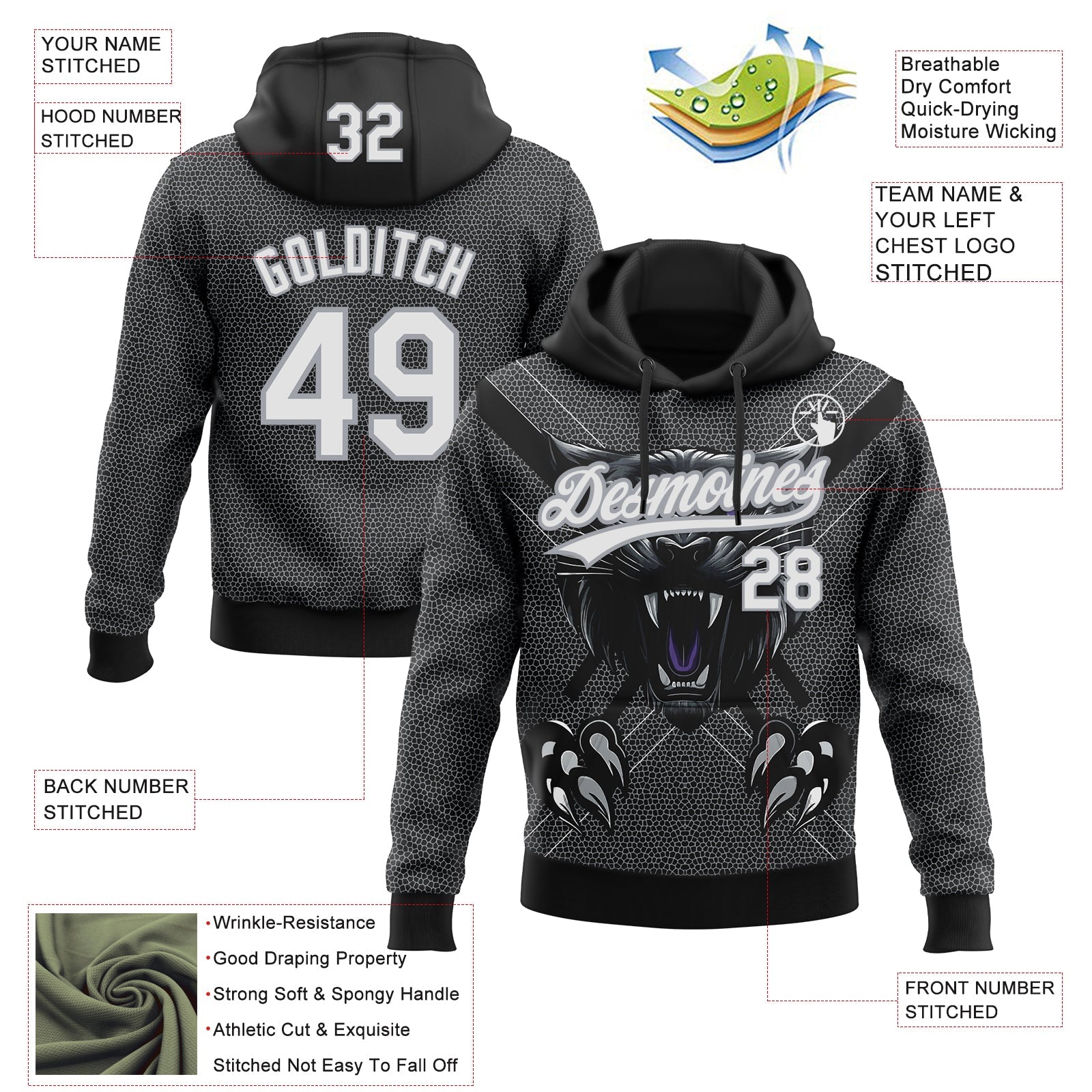 Custom Stitched Black White-Gray 3D Pattern Design Leopardo Sports Pullover Sweatshirt Hoodie view 2