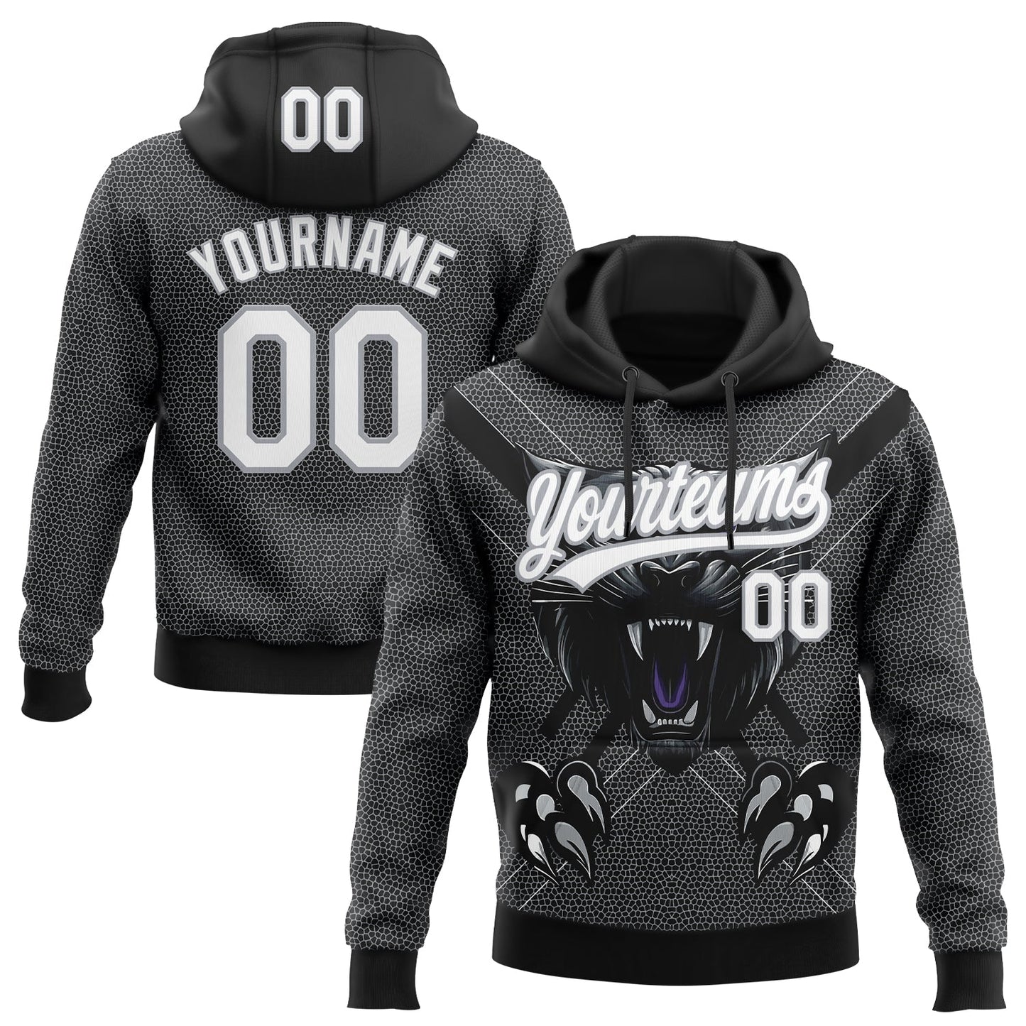 Custom Stitched Black White-Gray 3D Pattern Design Leopardo Sports Pullover Sweatshirt Hoodie - Main View