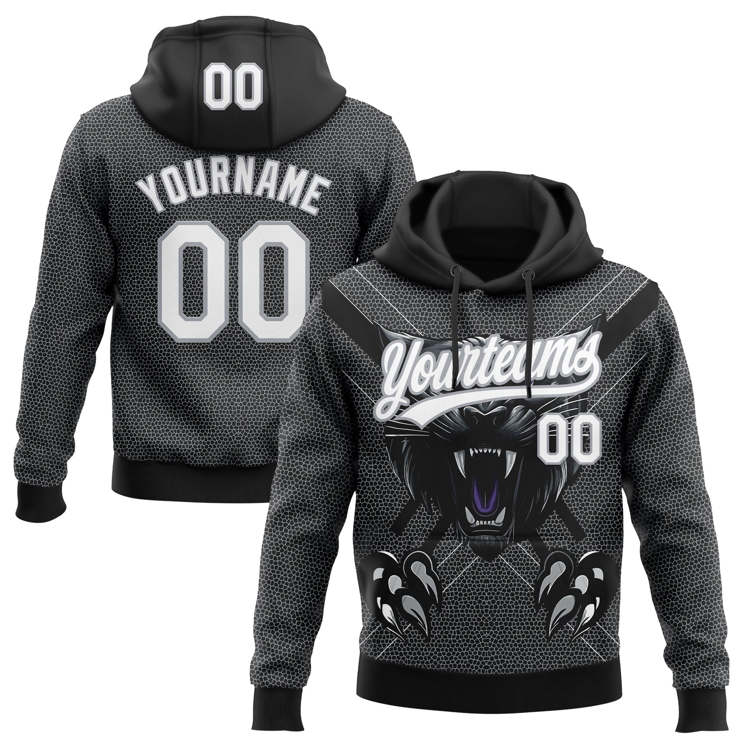 Custom Stitched Black White-Gray 3D Pattern Design Leopardo Sports Pullover Sweatshirt Hoodie - Main View