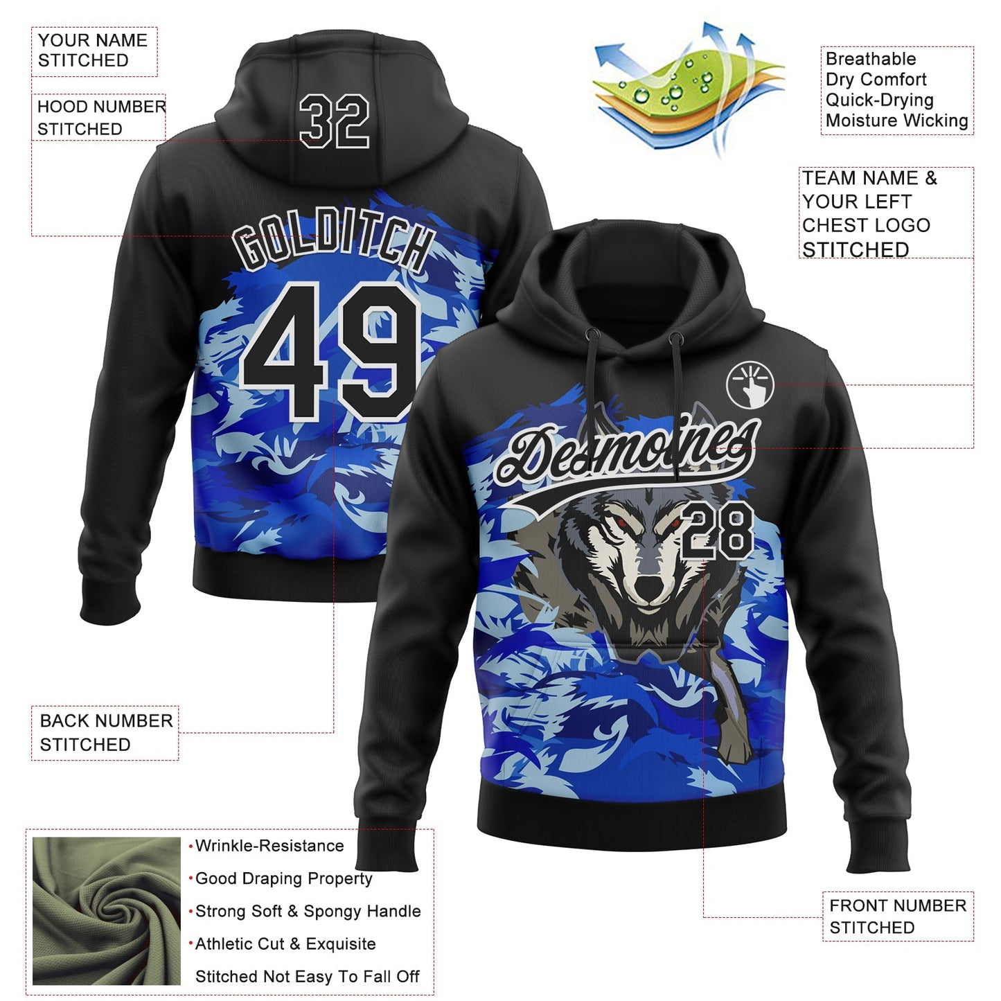 Custom Stitched Royal Black White-Sky Blue 3D Pattern Design Wolf Sports Pullover Sweatshirt Hoodie view 2