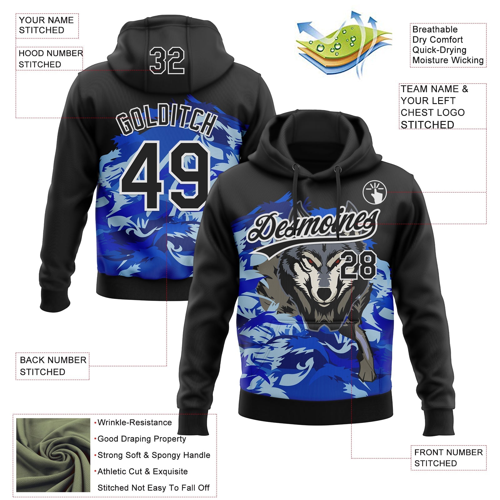 Custom Stitched Royal Black White-Sky Blue 3D Pattern Design Wolf Sports Pullover Sweatshirt Hoodie view 2