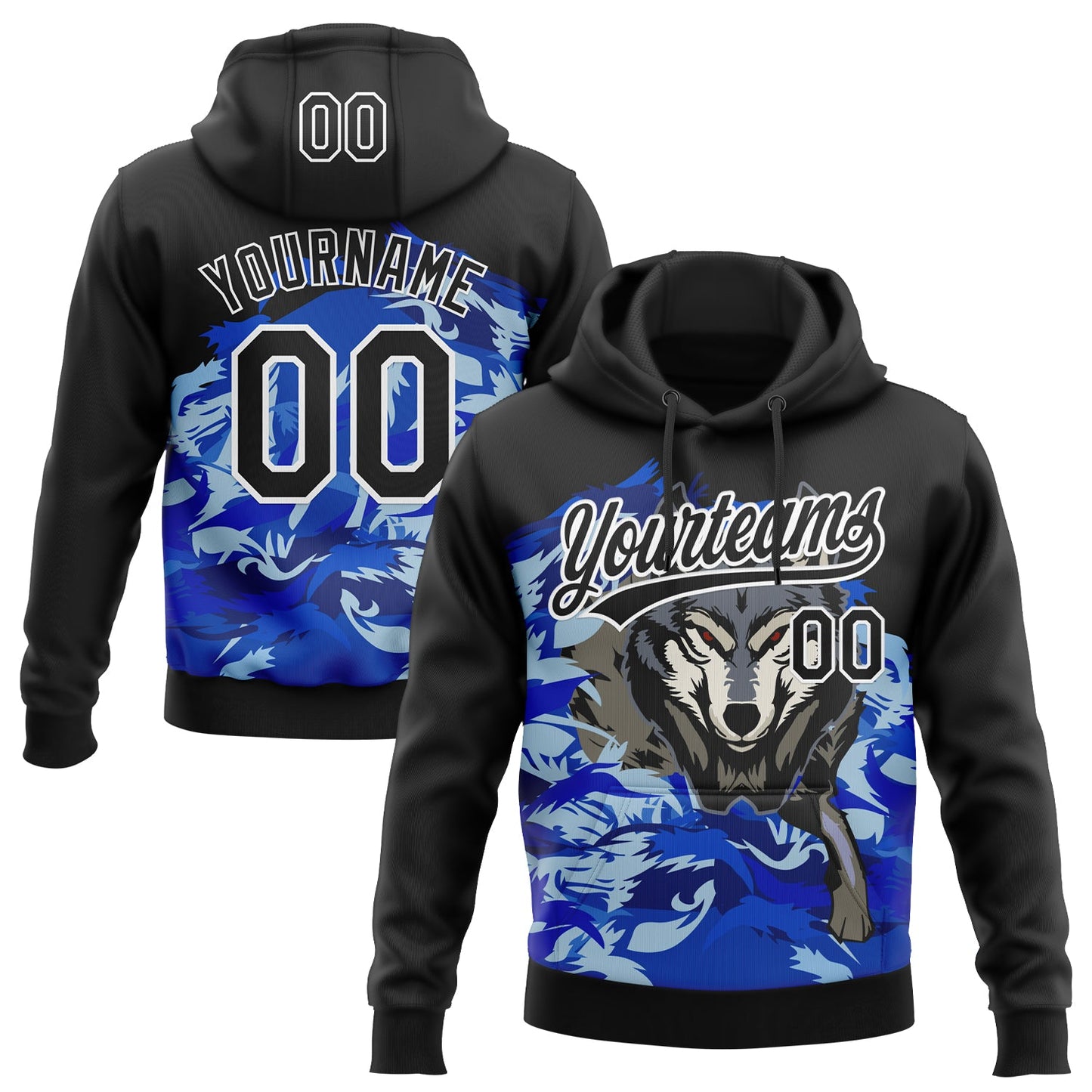 Custom Stitched Royal Black White-Sky Blue 3D Pattern Design Wolf Sports Pullover Sweatshirt Hoodie - Main View