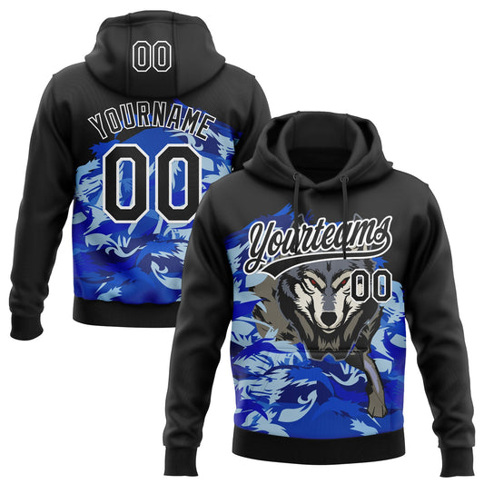 Custom Stitched Royal Black White-Sky Blue 3D Pattern Design Wolf Sports Pullover Sweatshirt Hoodie - Main View