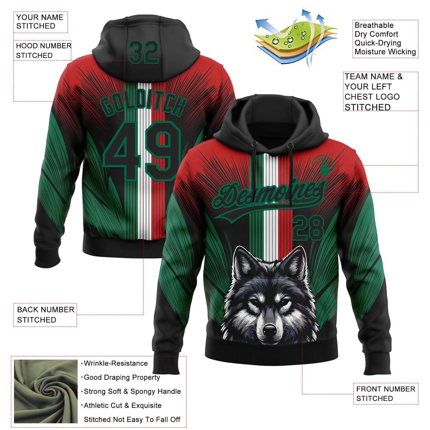 Custom Stitched Red Black-Kelly Green 3D Pattern Design Wolf Sports Pullover Sweatshirt Hoodie view 2