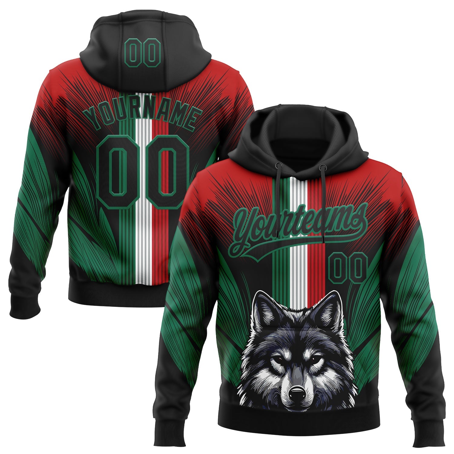 Custom Stitched Red Black-Kelly Green 3D Pattern Design Wolf Sports Pullover Sweatshirt Hoodie - Main View