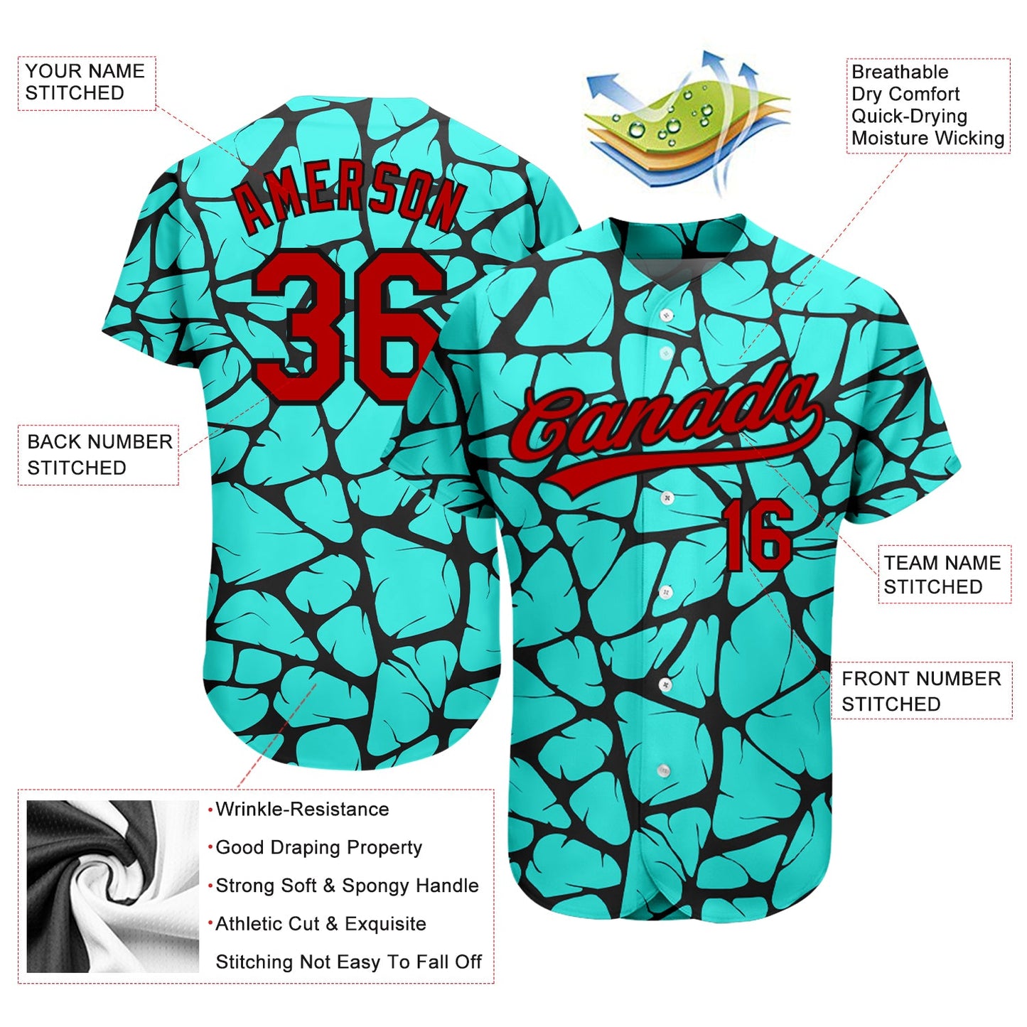 Custom Teal Red-Black 3D Pattern Design Authentic Baseball Jersey view 3