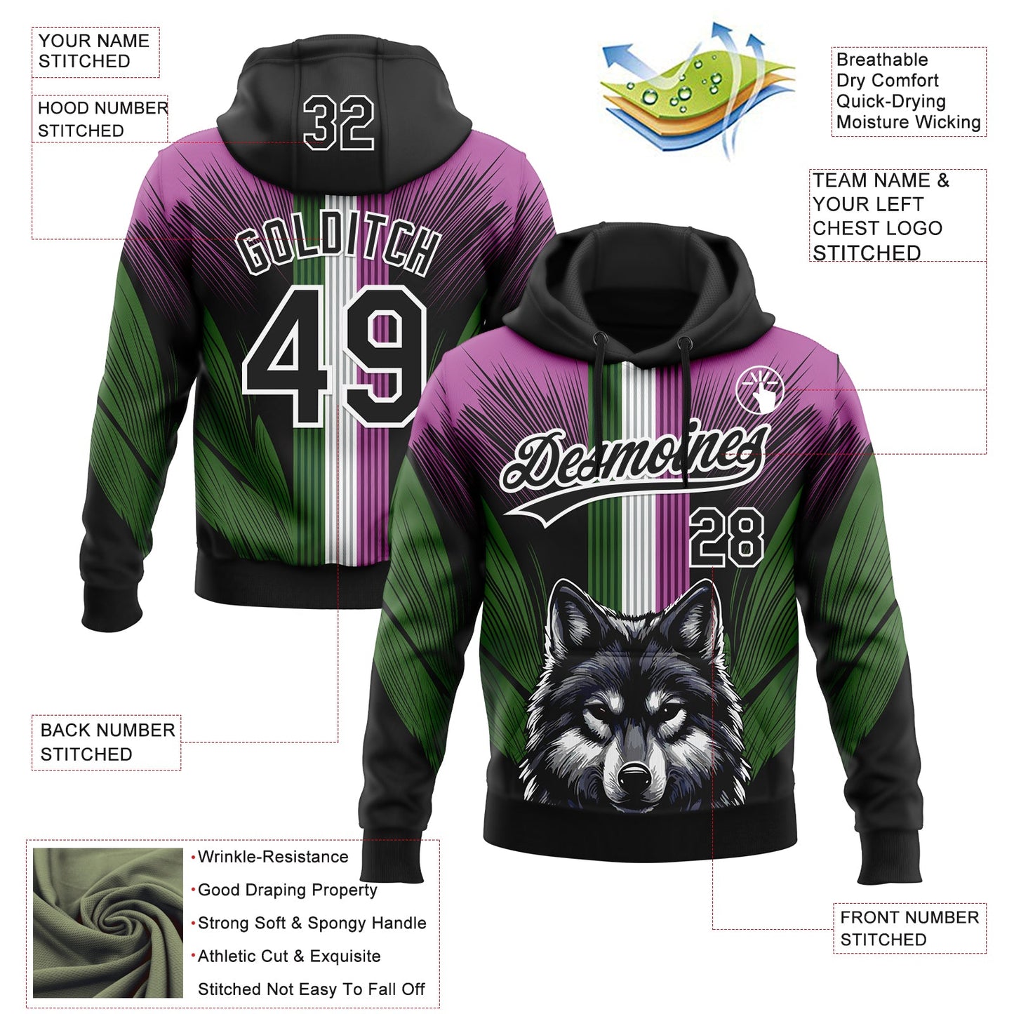 Custom Stitched Medium Purple Black White-Aurora Green 3D Pattern Design Wolf Sports Pullover Sweatshirt Hoodie view 2
