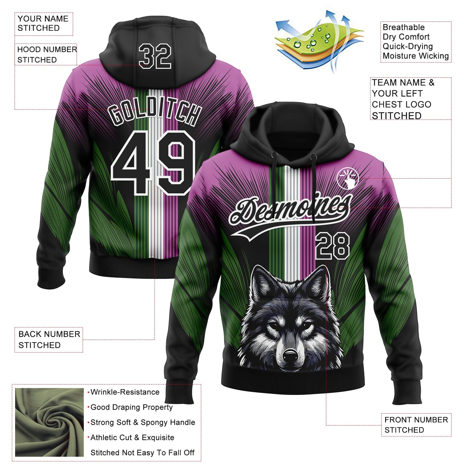 Custom Stitched Medium Purple Black White-Aurora Green 3D Pattern Design Wolf Sports Pullover Sweatshirt Hoodie view 2