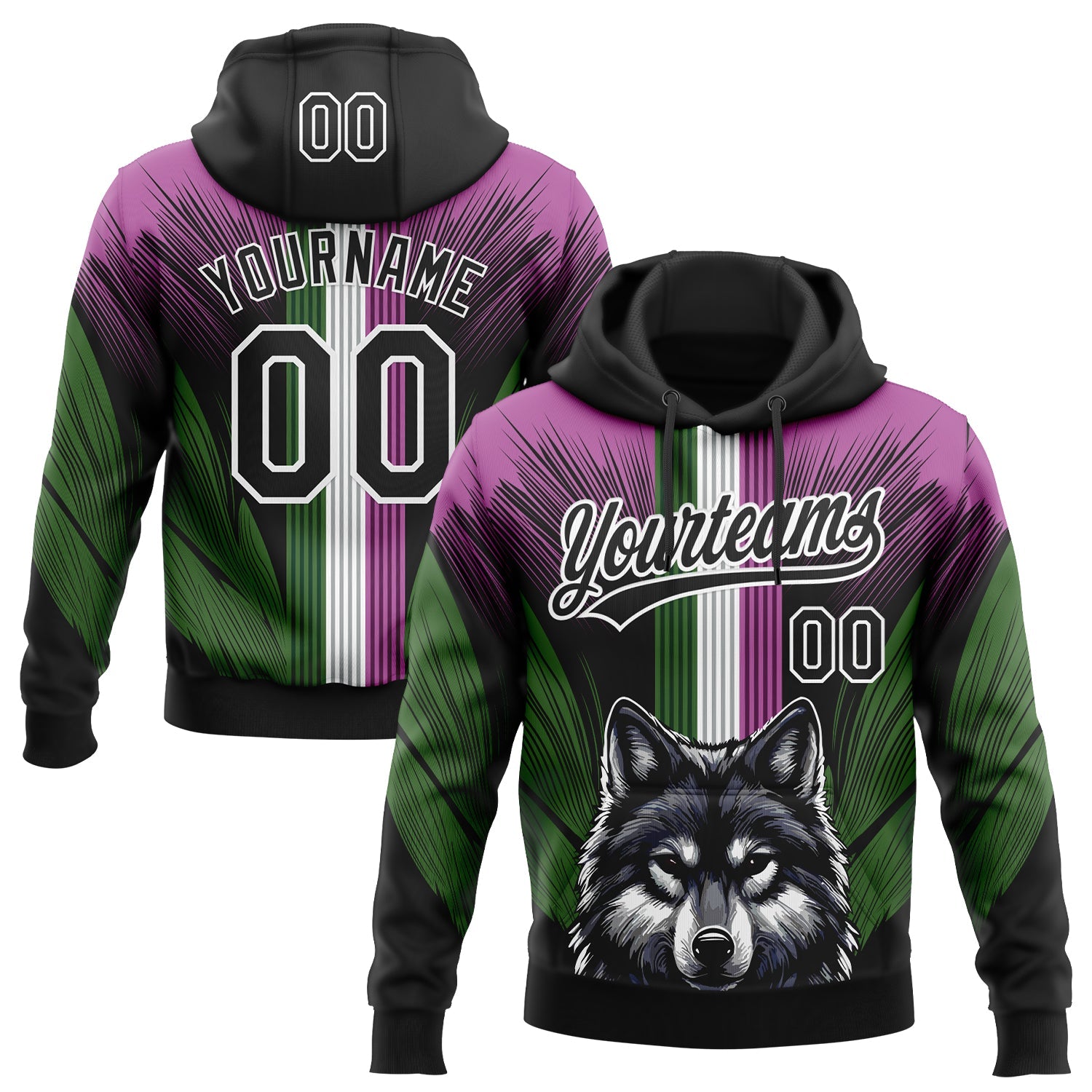 Custom Stitched Medium Purple Black White-Aurora Green 3D Pattern Design Wolf Sports Pullover Sweatshirt Hoodie - Main View