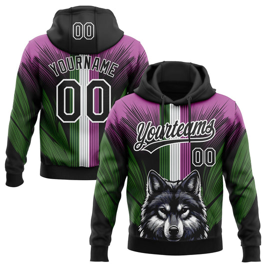 Custom Stitched Medium Purple Black White-Aurora Green 3D Pattern Design Wolf Sports Pullover Sweatshirt Hoodie - Main View