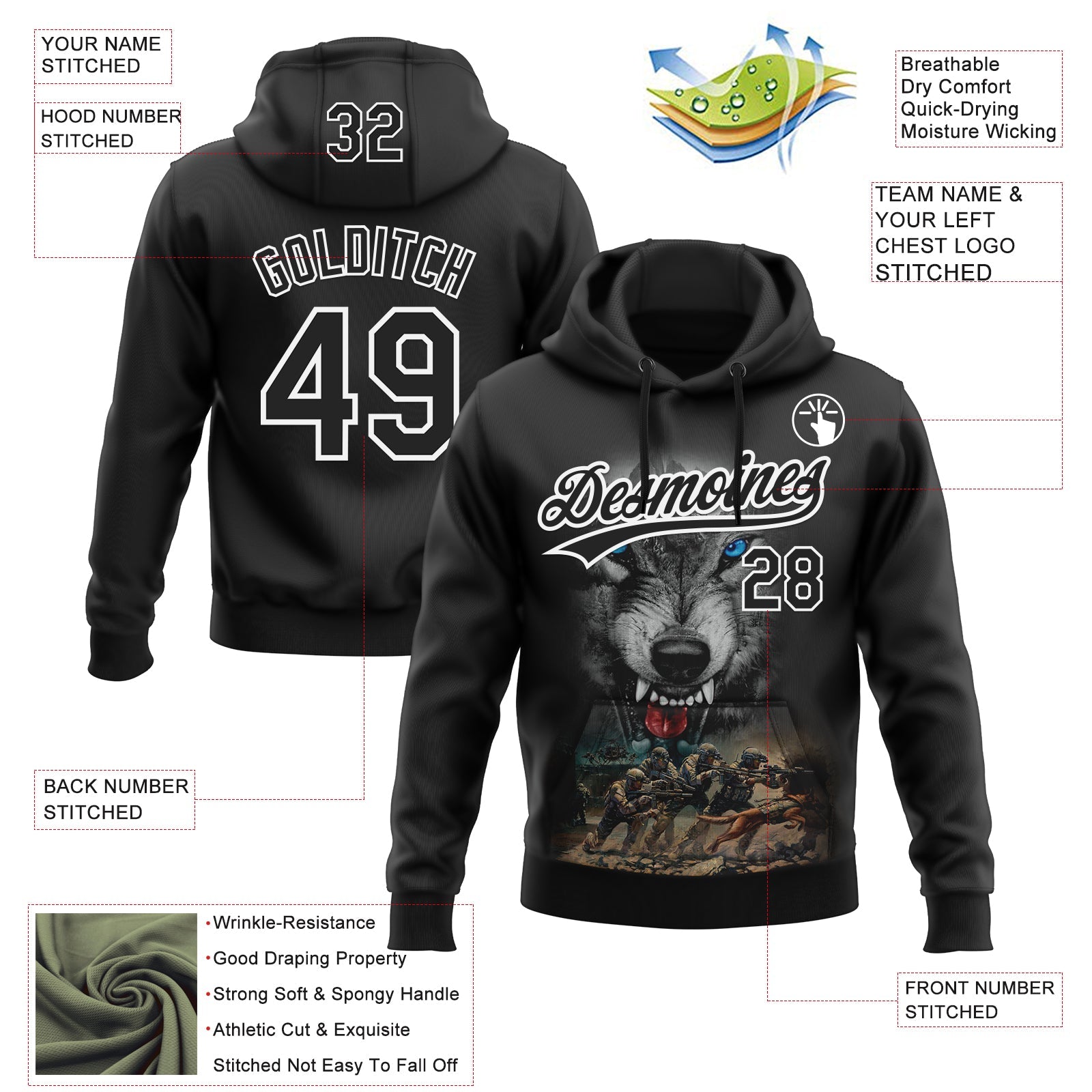 Custom Stitched Black Black-White 3D Pattern Design Wolf Sports Pullover Sweatshirt Hoodie view 2