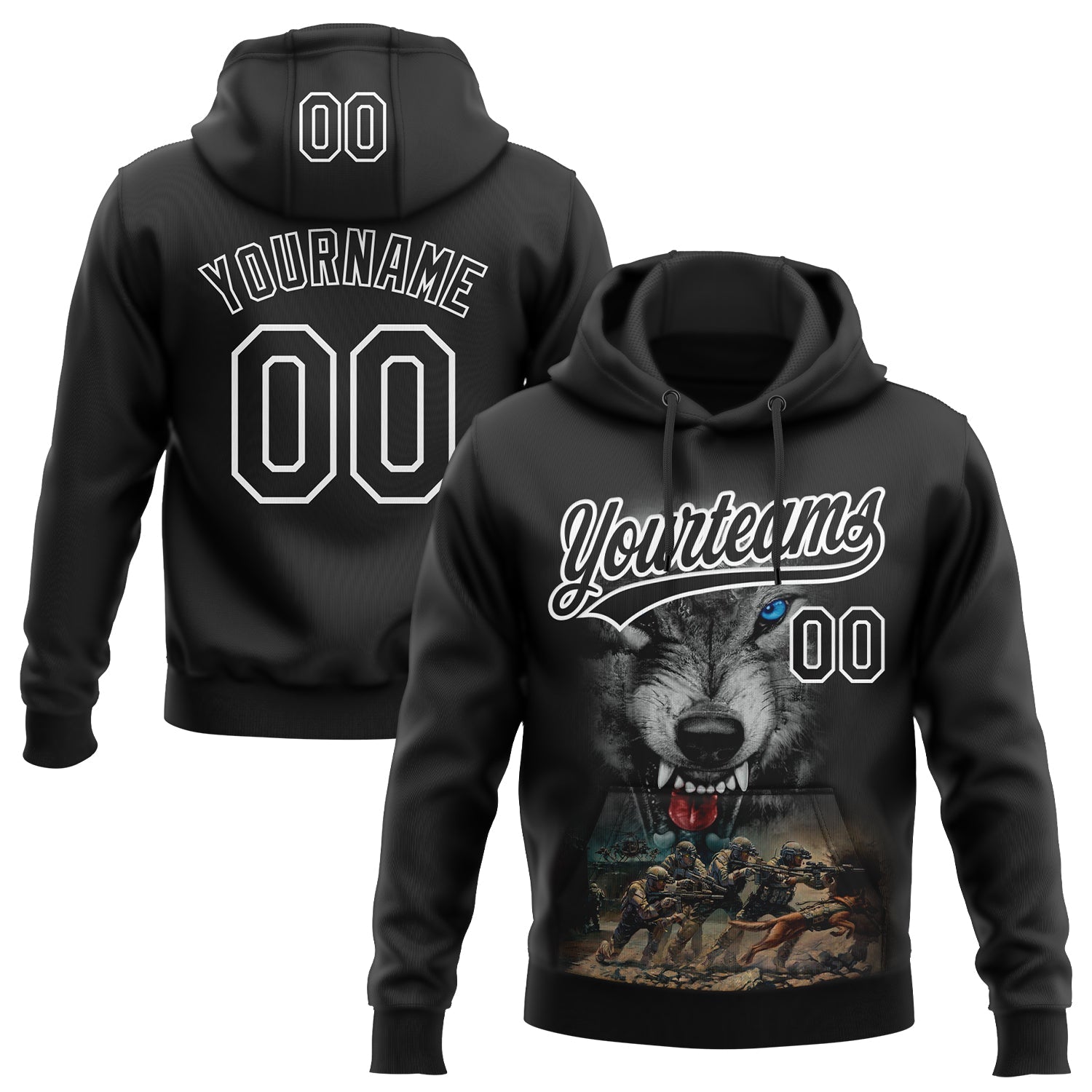 Custom Stitched Black Black-White 3D Pattern Design Wolf Sports Pullover Sweatshirt Hoodie - Main View