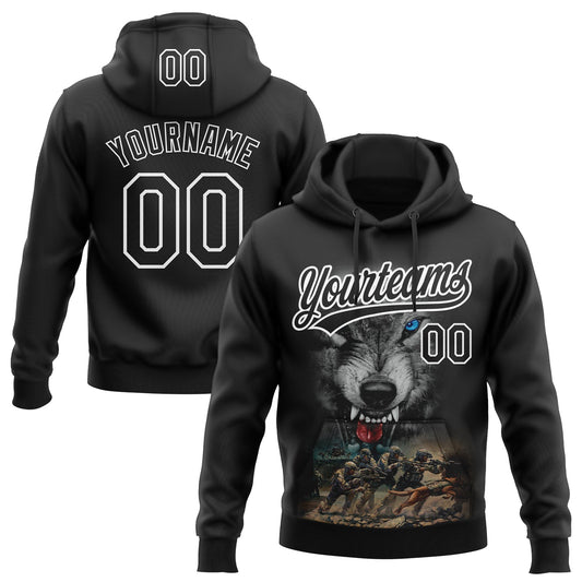 Custom Stitched Black Black-White 3D Pattern Design Wolf Sports Pullover Sweatshirt Hoodie - Main View