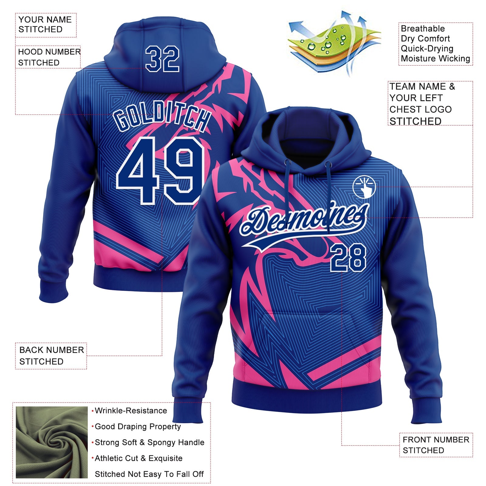 Custom Stitched Pink Royal-White 3D Pattern Design Wolf Sports Pullover Sweatshirt Hoodie view 2