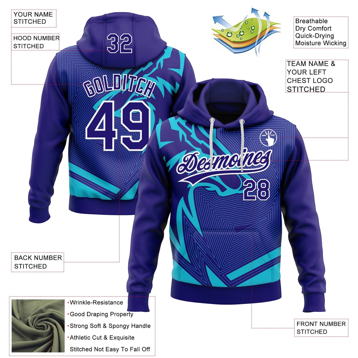 Custom Stitched Lakes Blue Dark Purple-White 3D Pattern Design Wolf Sports Pullover Sweatshirt Hoodie view 2