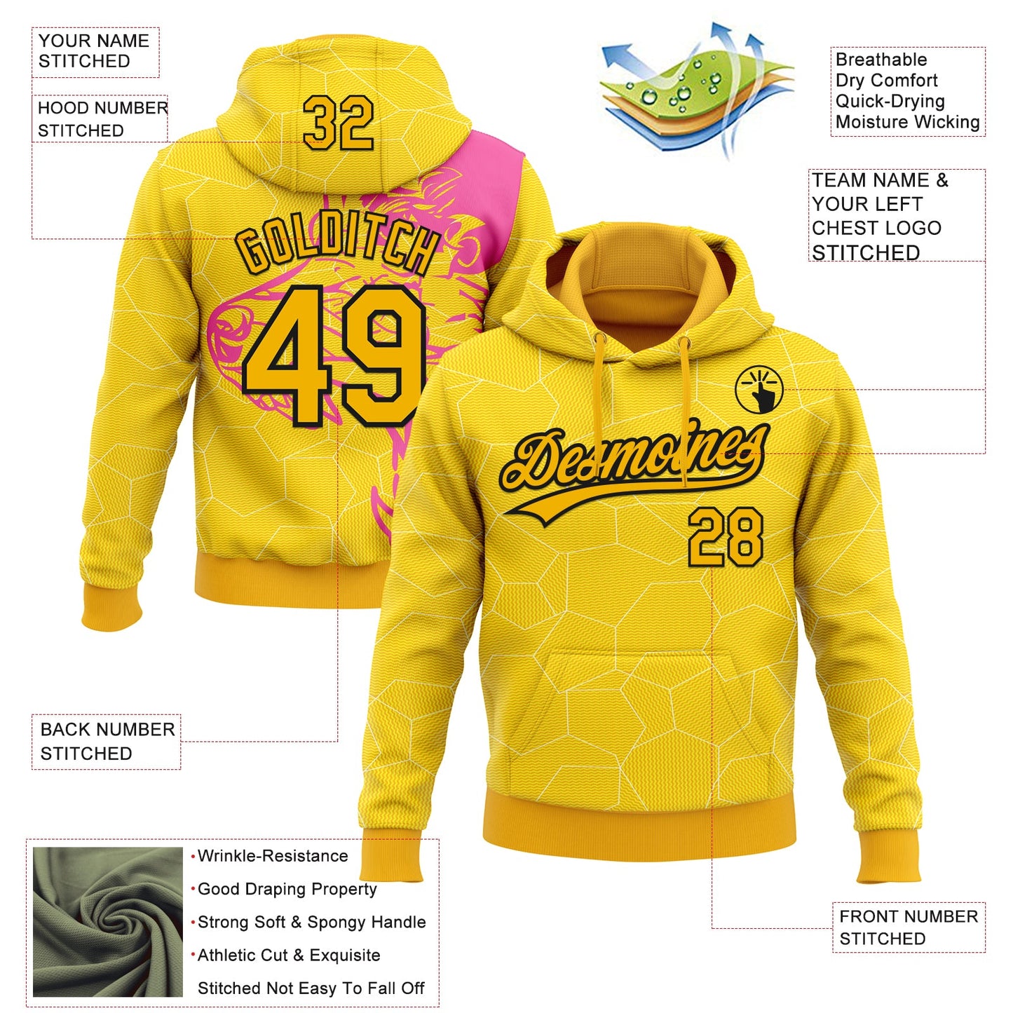 Custom Stitched Pink Gold-Black 3D Pattern Design Wolf Sports Pullover Sweatshirt Hoodie view 2