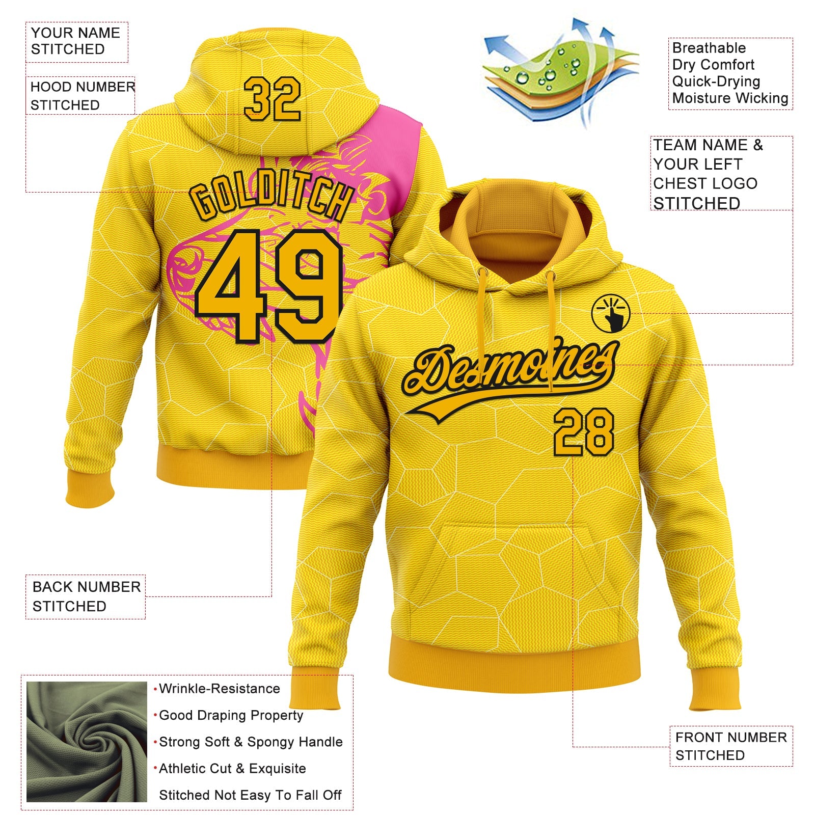 Custom Stitched Pink Gold-Black 3D Pattern Design Wolf Sports Pullover Sweatshirt Hoodie view 2