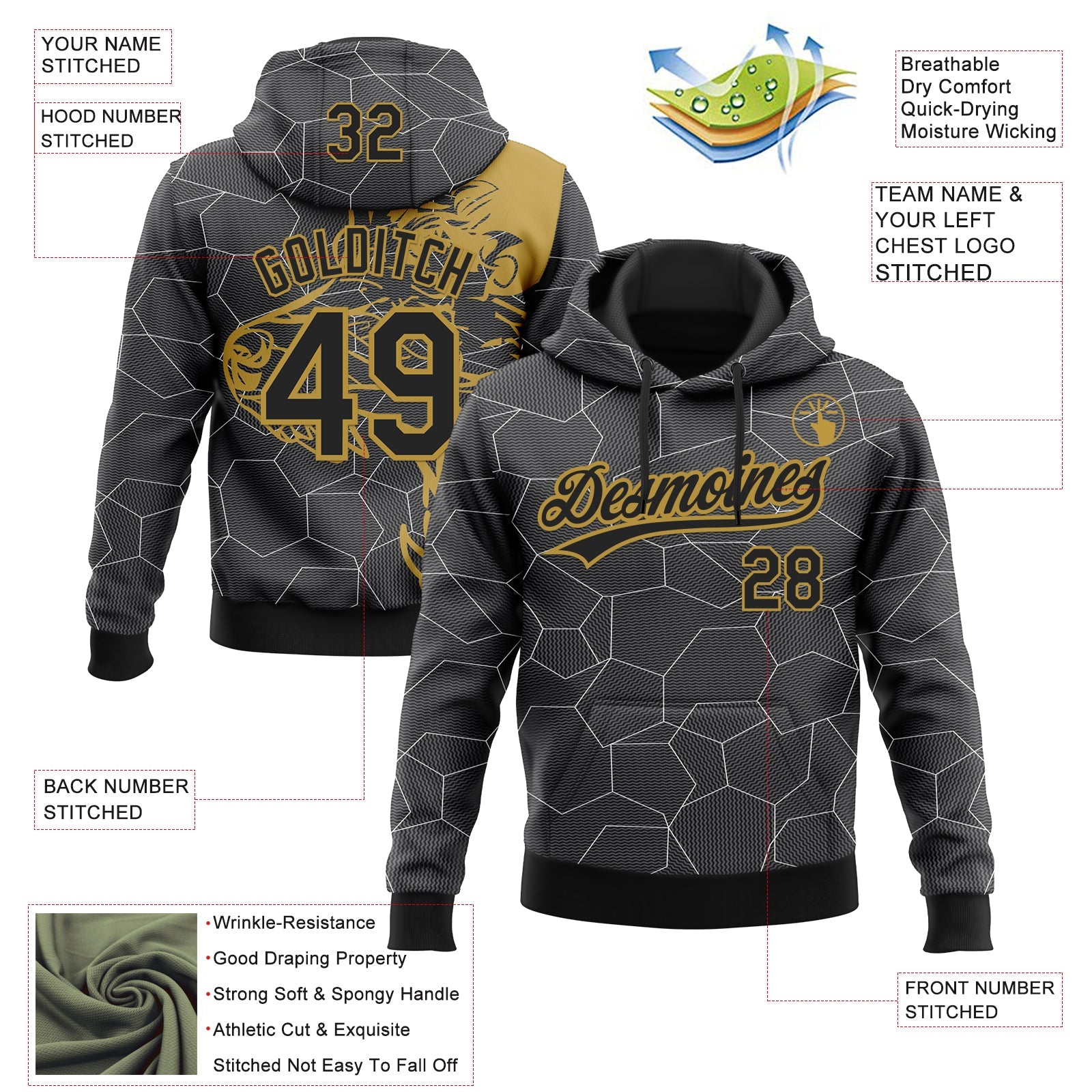 Custom Stitched Gray Black-Old Gold 3D Pattern Design Wolf Sports Pullover Sweatshirt Hoodie view 2