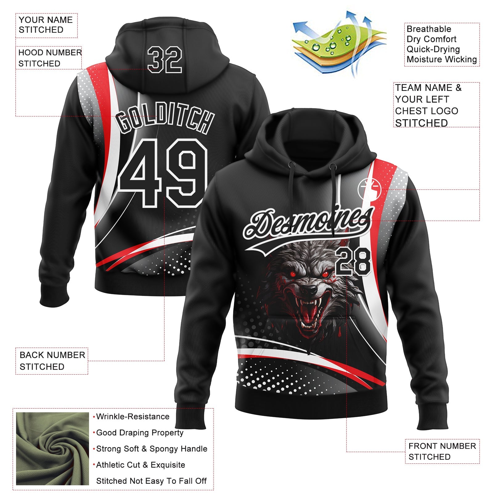 Custom Stitched Red Black-White 3D Pattern Design Wolf Sports Pullover Sweatshirt Hoodie view 2
