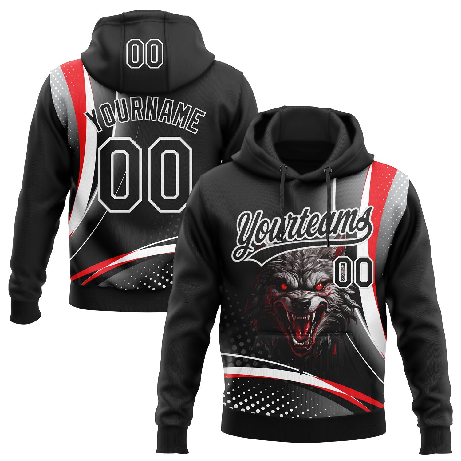 Custom Stitched Red Black-White 3D Pattern Design Wolf Sports Pullover Sweatshirt Hoodie - Main View