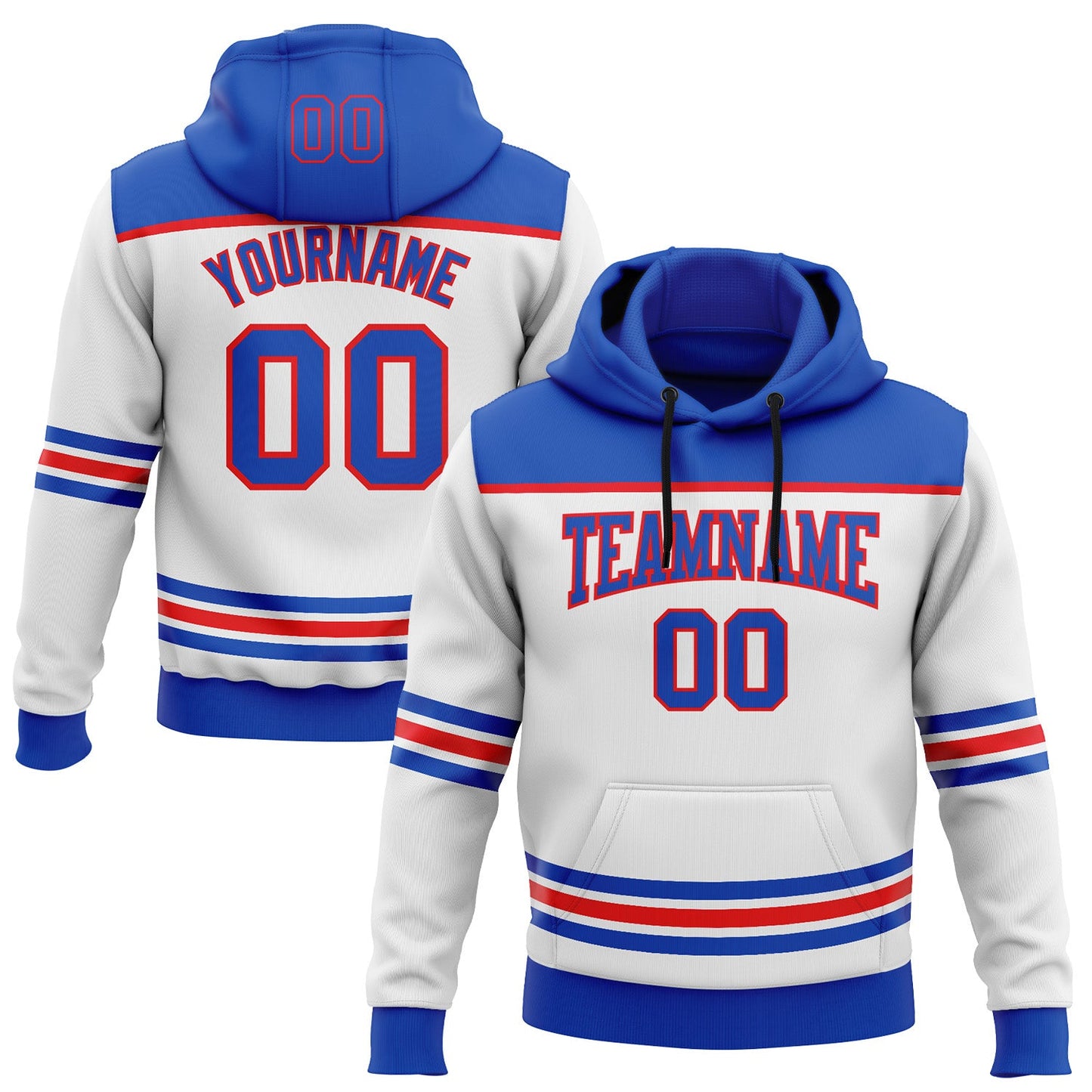 Custom White Thunder Blue-Fire Red 3D Pattern Design Game Day Stripe Sports Pullover Sweatshirt Hoodie - Main View