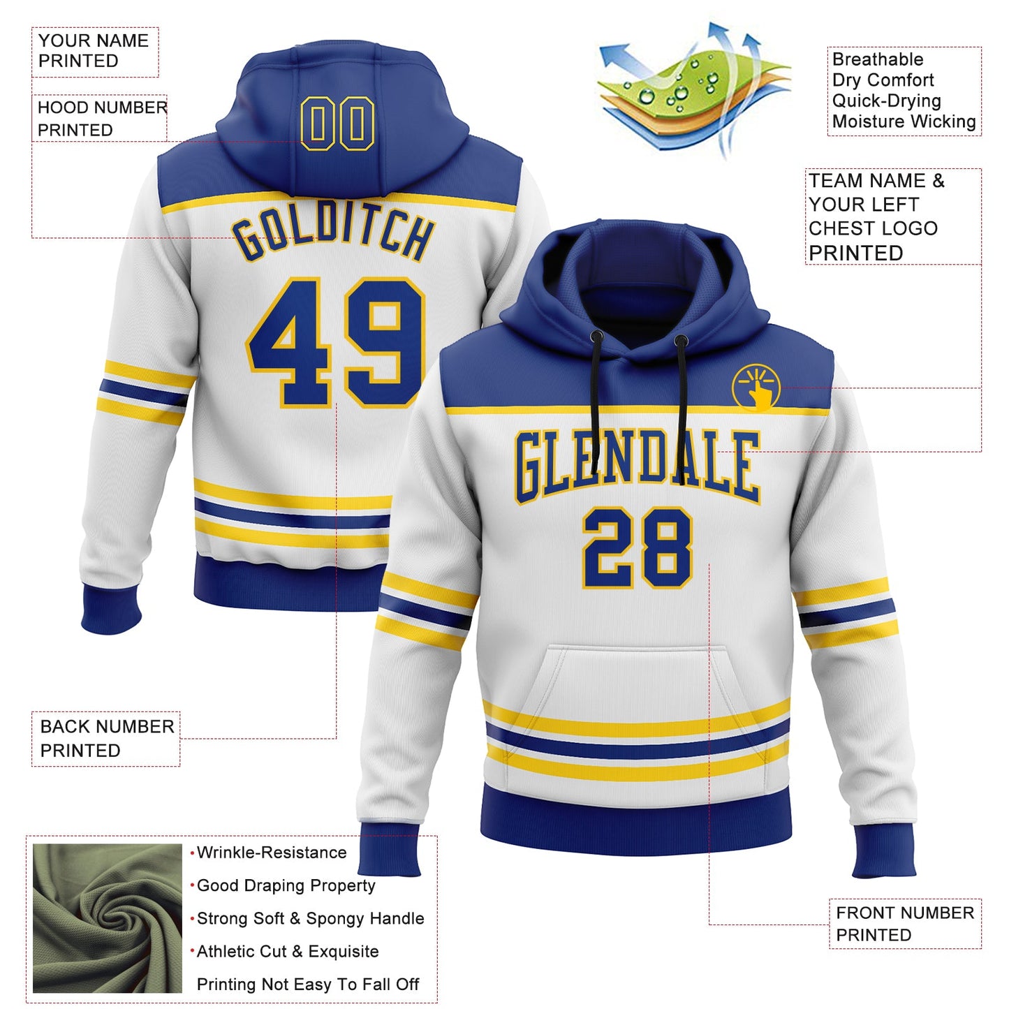 Custom White Royal-Yellow 3D Pattern Design Game Day Buffalo Inspired Sports Pullover Sweatshirt Hoodie view 2