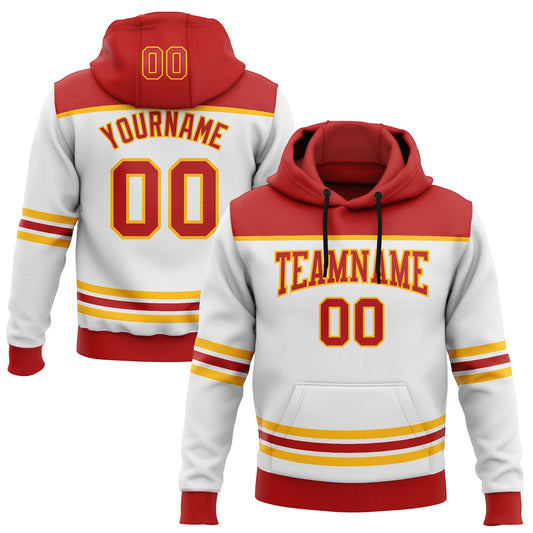 Custom White Red-Gold 3D Pattern Design Game Day Calgary Inspired Sports Pullover Sweatshirt Hoodie - Main View