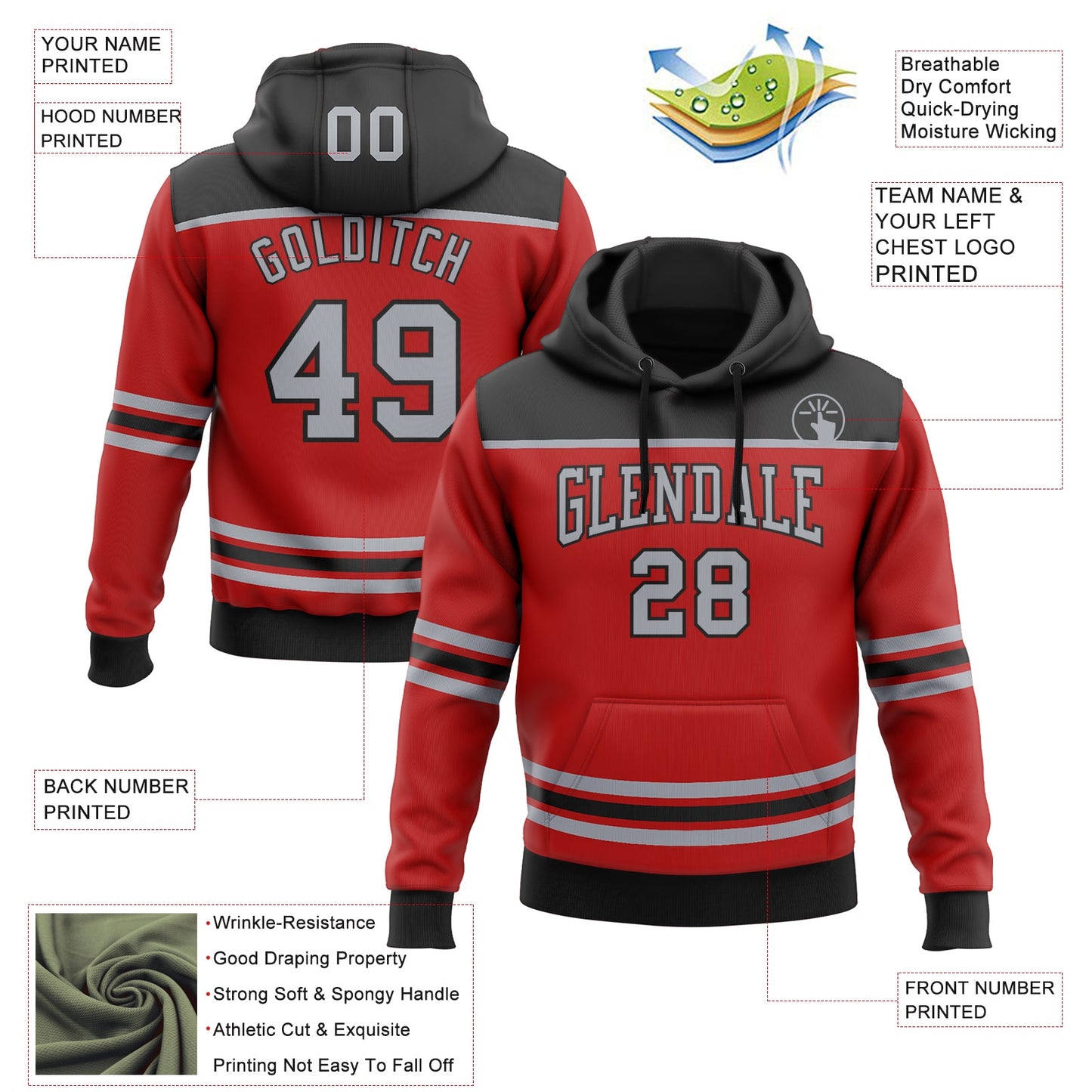 Custom Red Gray-Black 3D Pattern Design Game Day Carolina Inspired Sports Pullover Sweatshirt Hoodie view 2