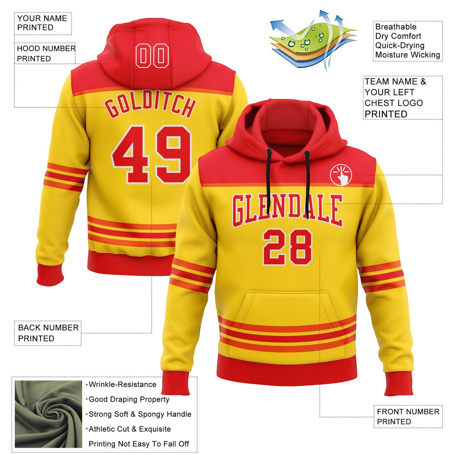 Custom Yellow Fire Red-White 3D Pattern Design Game Day Chicago Inspired Sports Pullover Sweatshirt Hoodie view 2