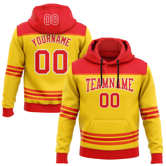 Custom Yellow Fire Red-White 3D Pattern Design Game Day Chicago Inspired Sports Pullover Sweatshirt Hoodie - Main View