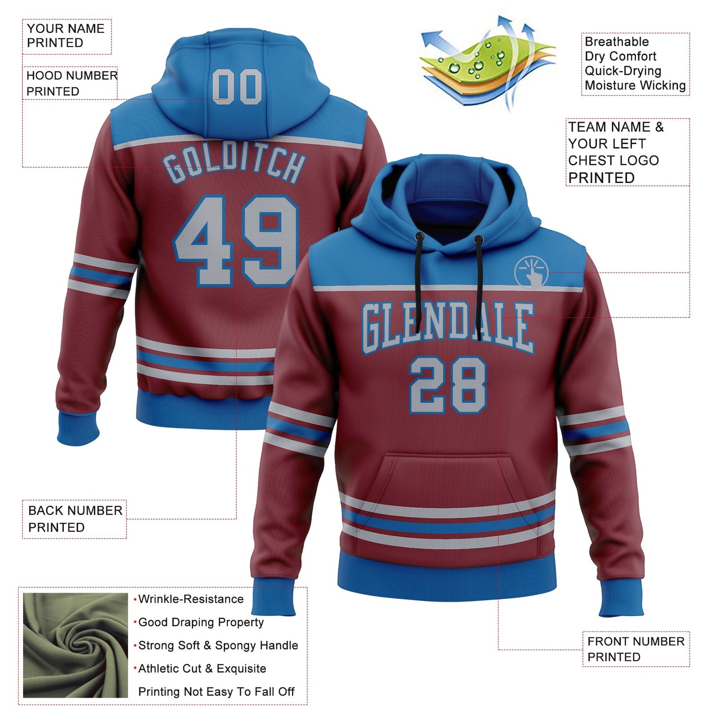 Custom Burgundy Gray-Blue 3D Pattern Design Game Day Colorado Inspired Sports Pullover Sweatshirt Hoodie view 2