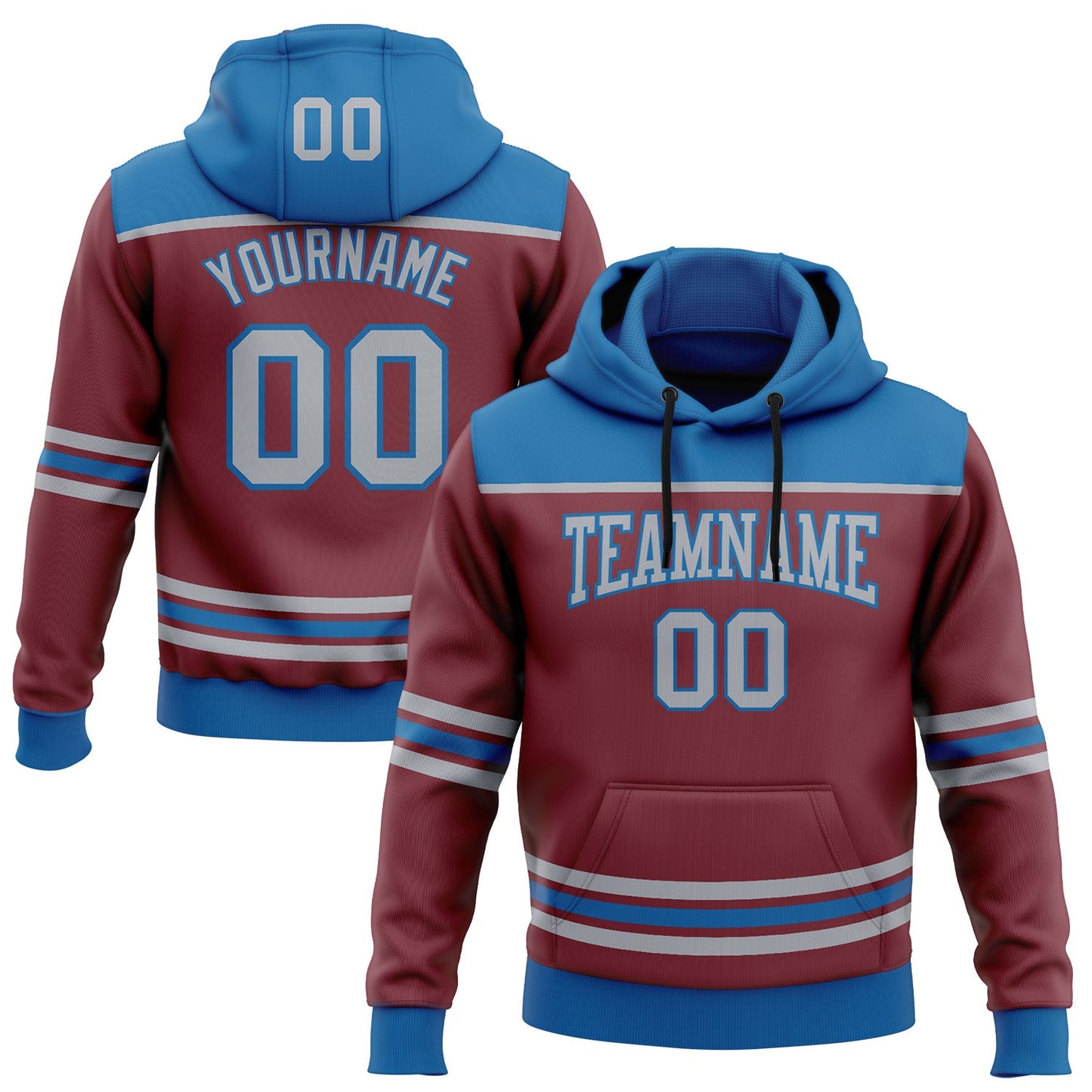 Custom Burgundy Gray-Blue 3D Pattern Design Game Day Colorado Inspired Sports Pullover Sweatshirt Hoodie - Main View