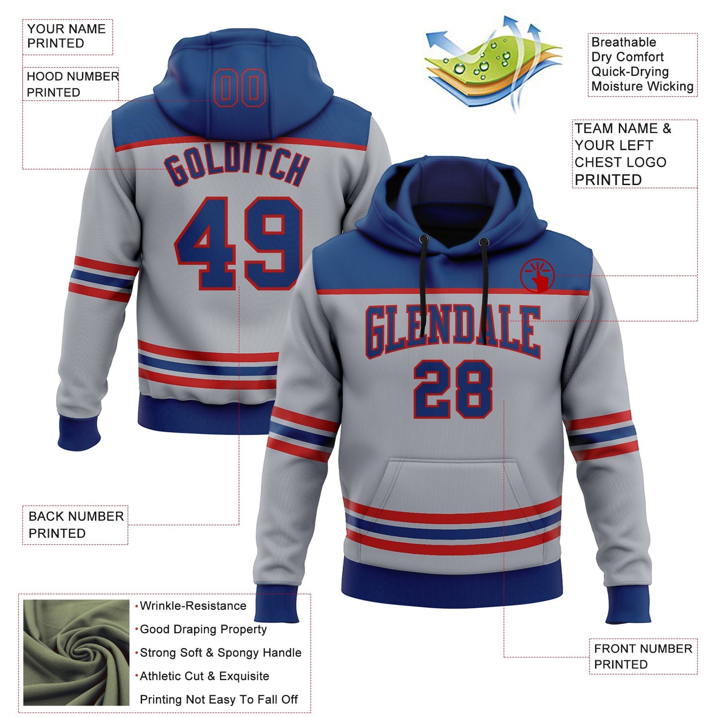 Custom Gray US Navy Blue-Red 3D Pattern Design Game Day Columbus Inspired Sports Pullover Sweatshirt Hoodie view 2