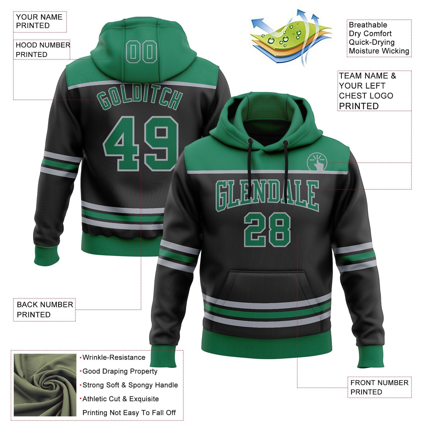 Custom Black Kelly Green-Gray 3D Pattern Design Game Day Dallas Inspired Sports Pullover Sweatshirt Hoodie view 2