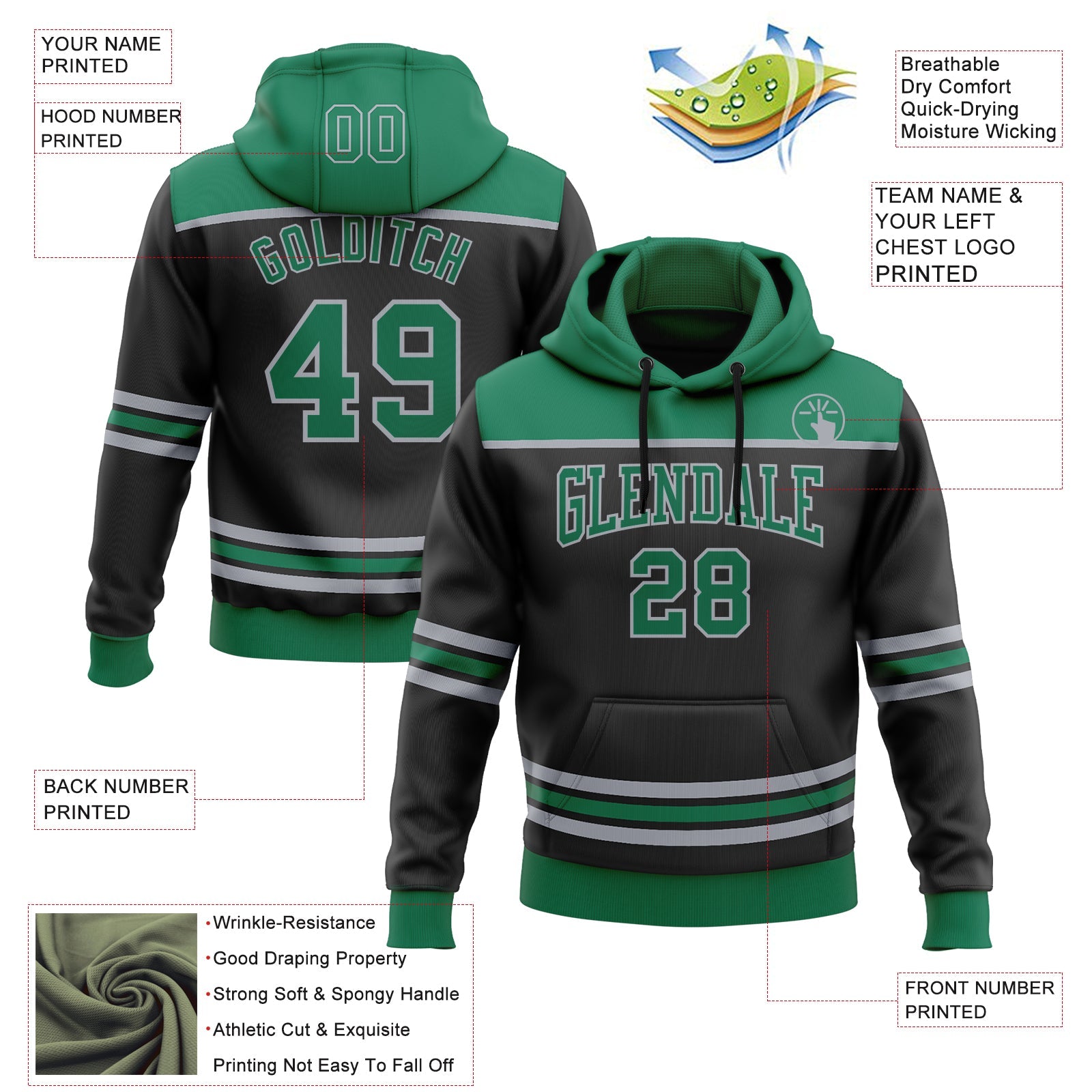 Custom Black Kelly Green-Gray 3D Pattern Design Game Day Dallas Inspired Sports Pullover Sweatshirt Hoodie view 2