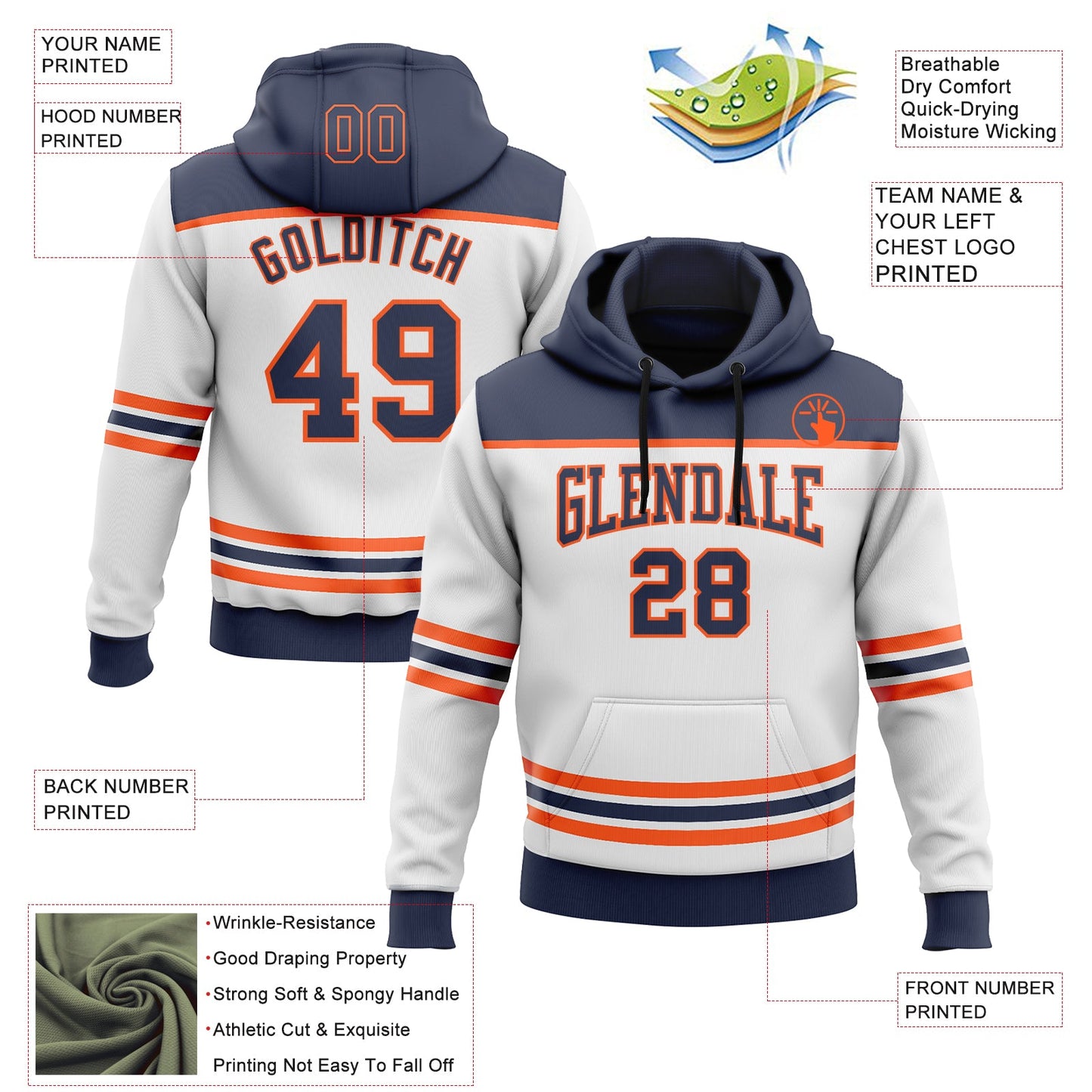 Custom White Navy-Orange 3D Pattern Design Game Day Edmonton Inspired Sports Pullover Sweatshirt Hoodie view 2