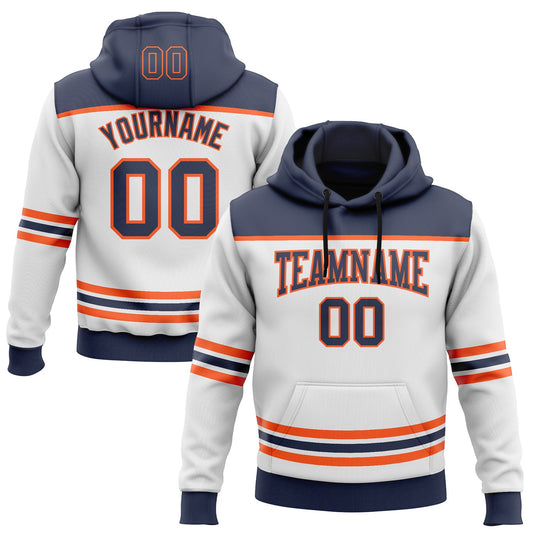 Custom White Navy-Orange 3D Pattern Design Game Day Edmonton Inspired Sports Pullover Sweatshirt Hoodie - Main View