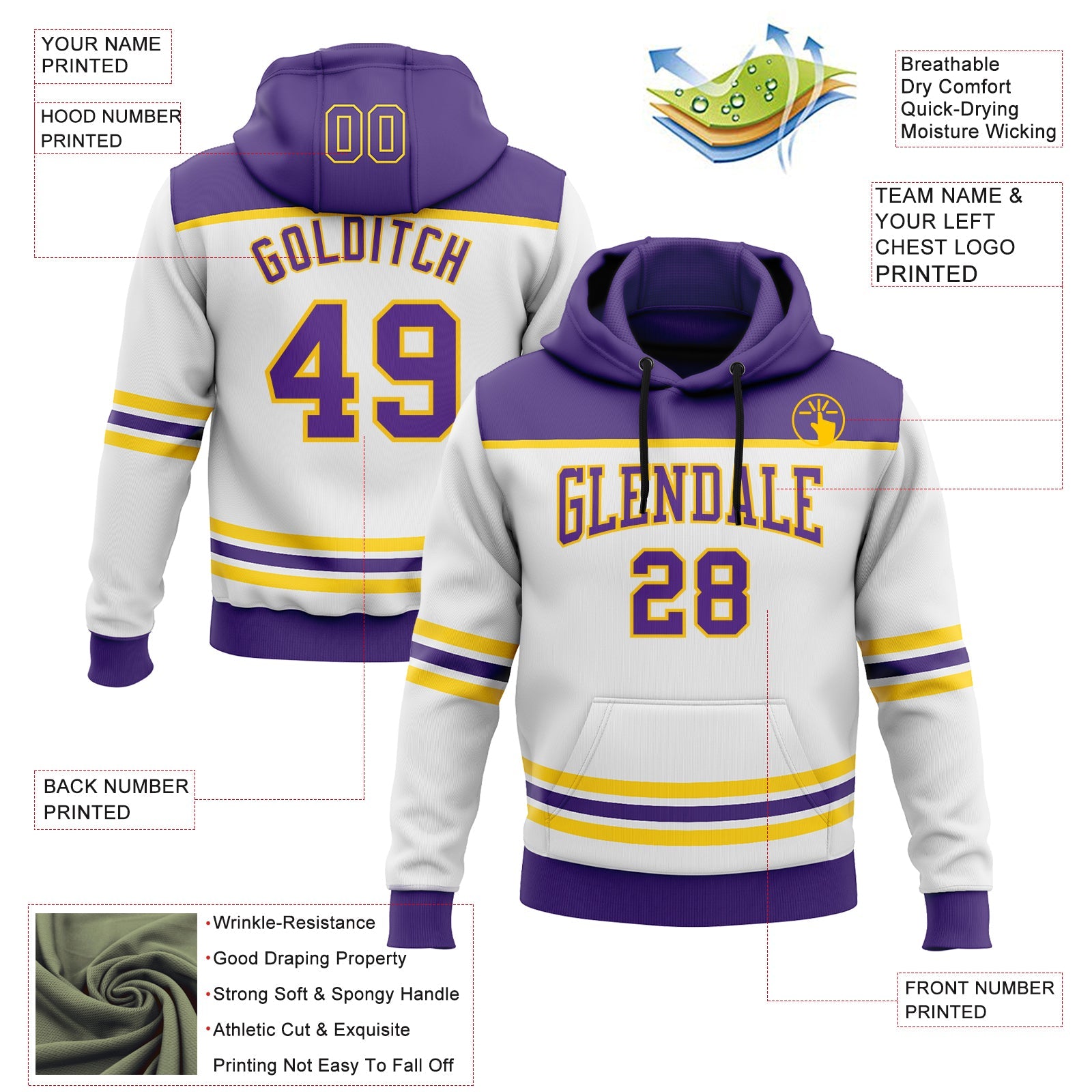 Custom White Purple-Yellow 3D Pattern Design Game Day Los Angeles Inspired Sports Pullover Sweatshirt Hoodie view 2