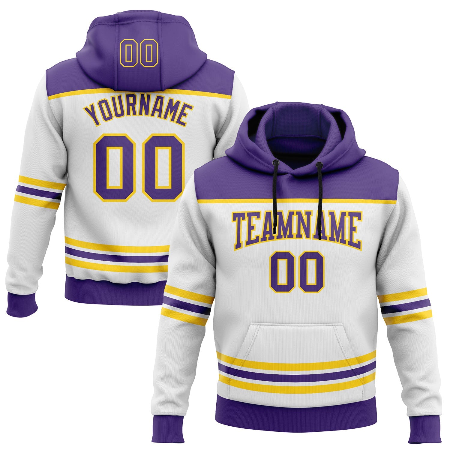 Custom White Purple-Yellow 3D Pattern Design Game Day Los Angeles Inspired Sports Pullover Sweatshirt Hoodie - Main View