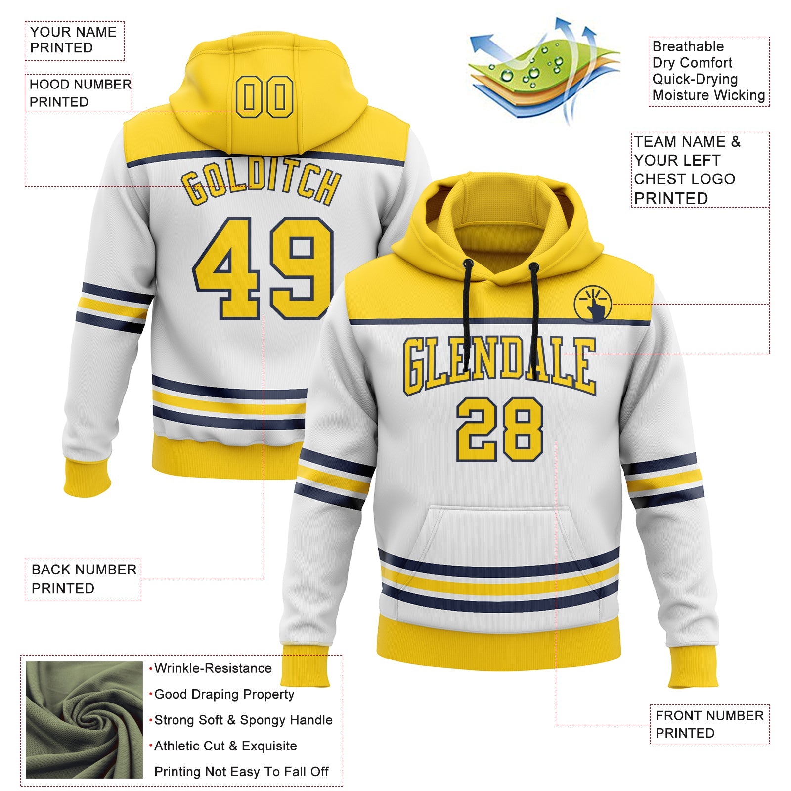 Custom White Yellow-Navy 3D Pattern Design Game Day Nashville Inspired Sports Pullover Sweatshirt Hoodie view 2