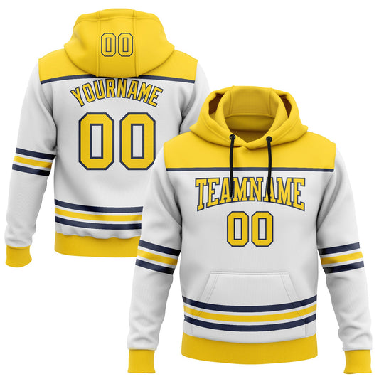 Custom White Yellow-Navy 3D Pattern Design Game Day Nashville Inspired Sports Pullover Sweatshirt Hoodie - Main View