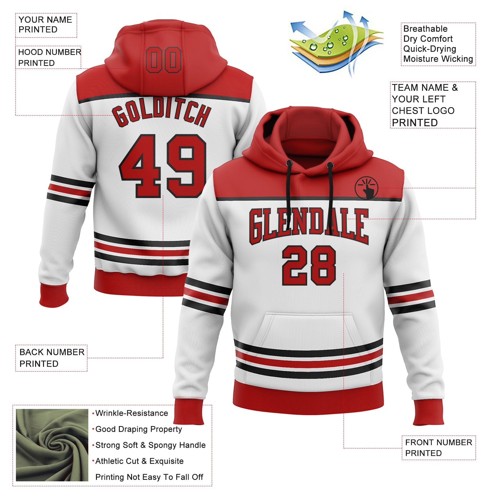 Custom White Red-Black 3D Pattern Design Game Day New Jersey Inspired Sports Pullover Sweatshirt Hoodie view 2