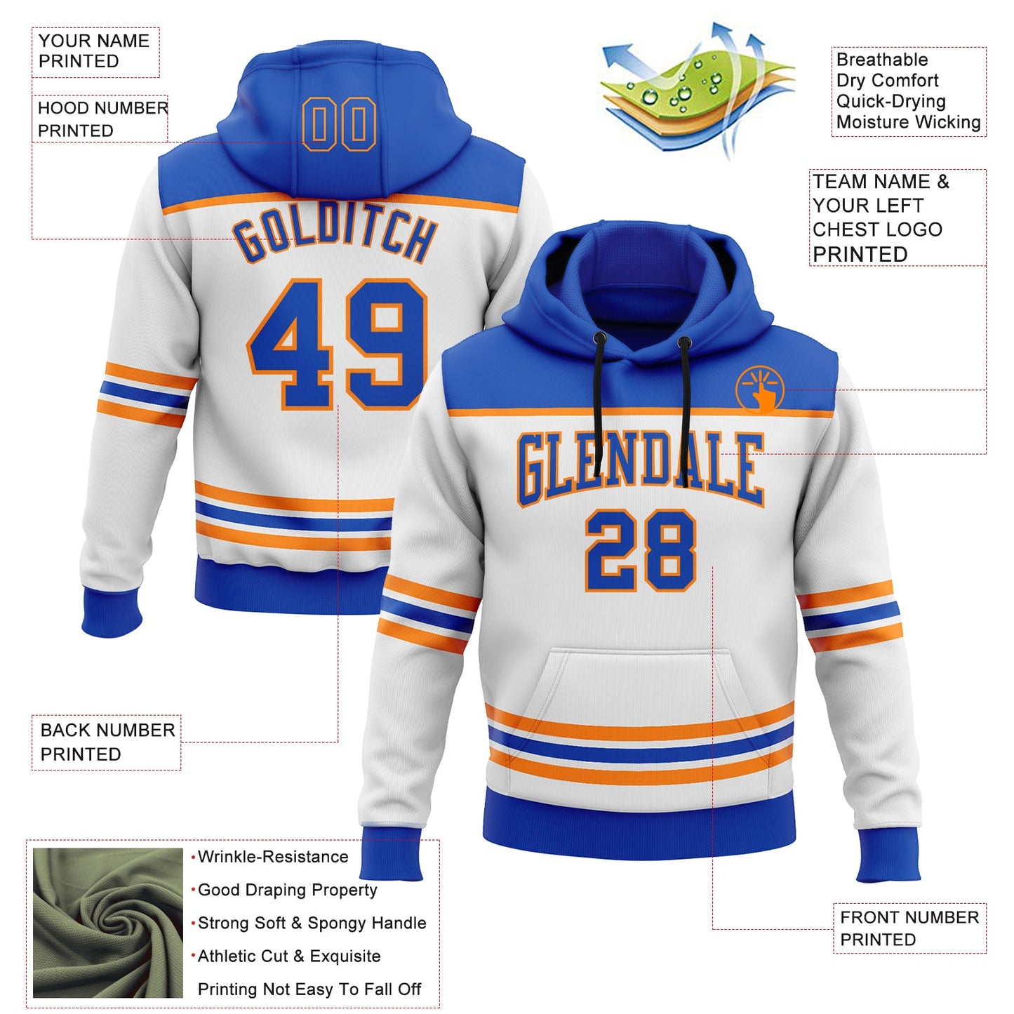 Custom White Thunder Blue-Bay Orange 3D Pattern Design Game Day New York Inspired Sports Pullover Sweatshirt Hoodie view 2