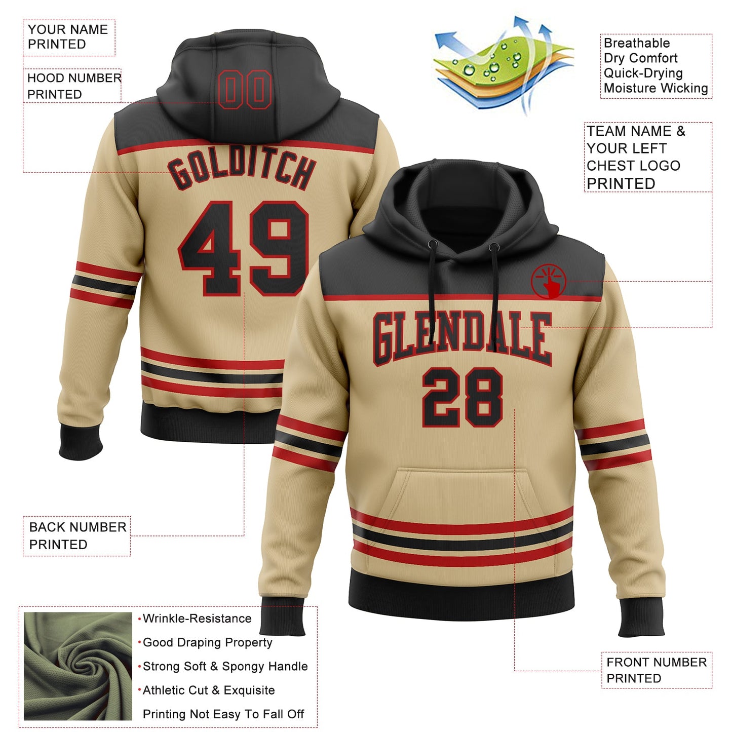 Custom Vegas Gold Black-Red 3D Pattern Design Game Day Vegas Inspired Sports Pullover Sweatshirt Hoodie view 2