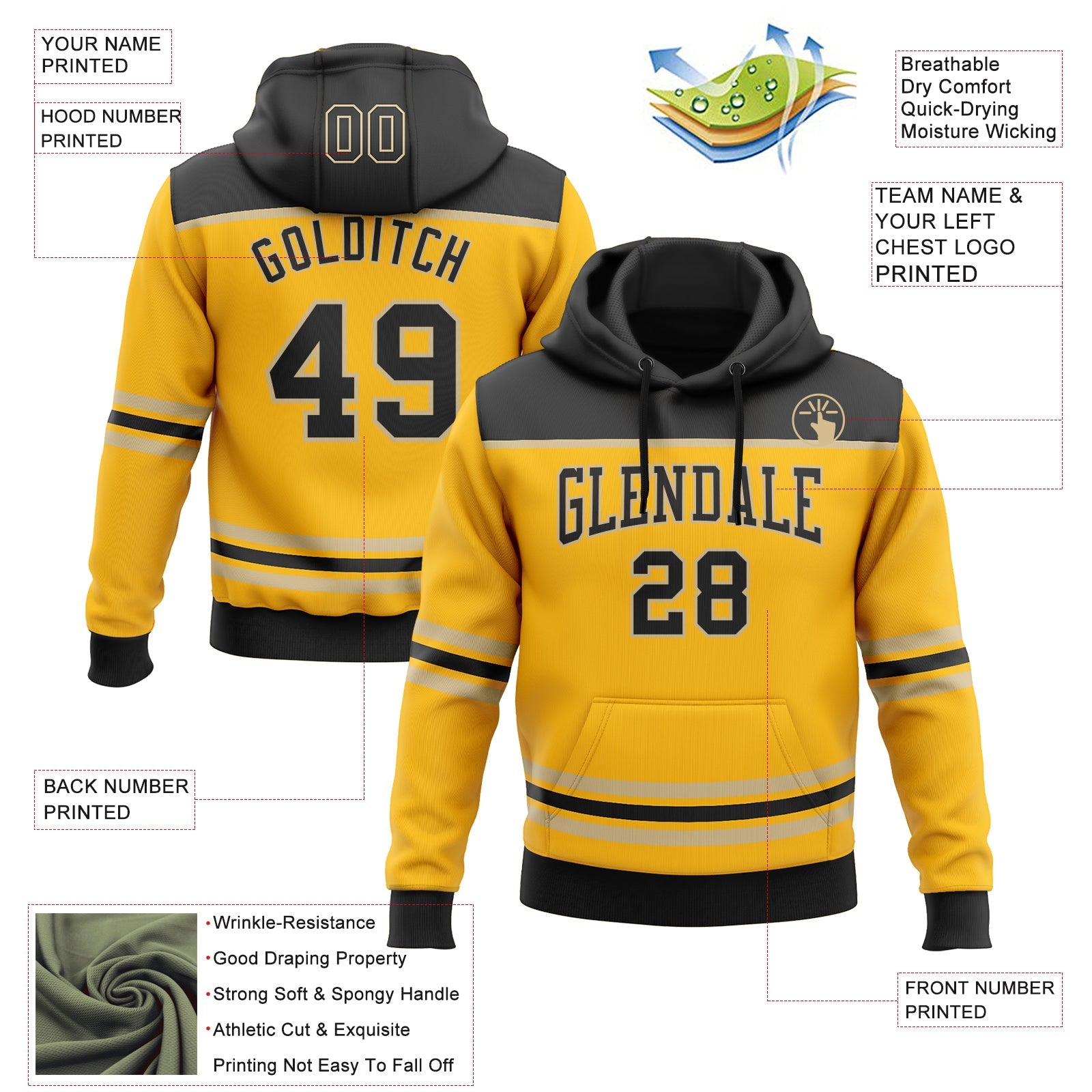 Custom Gold Black-Vegas Gold 3D Pattern Design Game Day Pittsburgh Inspired Sports Pullover Sweatshirt Hoodie view 2
