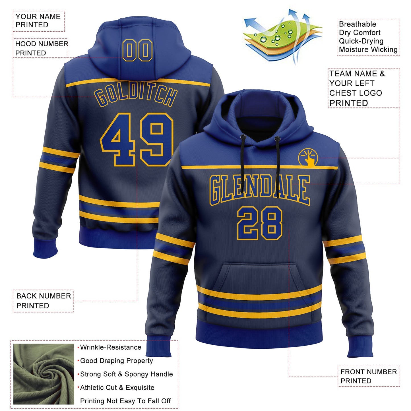 Custom Navy Royal-Gold 3D Pattern Design Game Day St.Louis Inspired Sports Pullover Sweatshirt Hoodie view 2