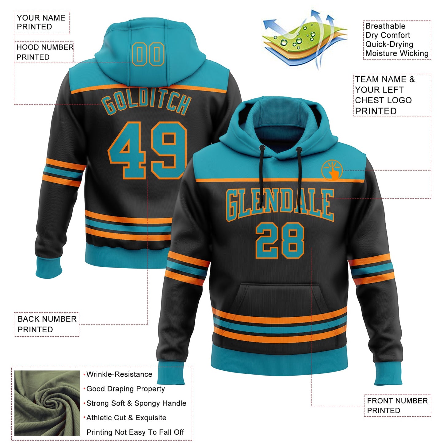 Custom Black Teal-Bay Orange 3D Pattern Design Game Day San Jose Inspired Sports Pullover Sweatshirt Hoodie view 2